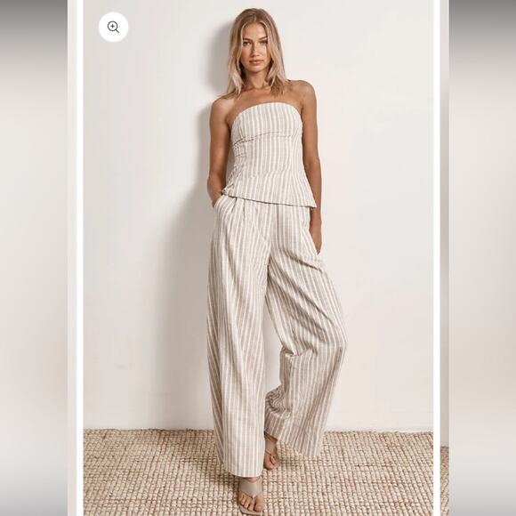 mon renn illusion white & tan stripe wide leg linen trouser pants size small NEW - Picture 2 of 12